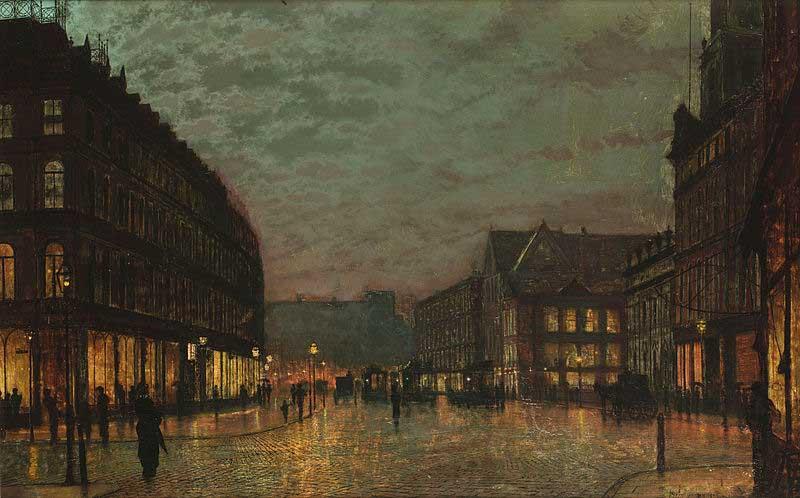  Boar Lane, Leeds, by lamplight. Signed and dated 'Atkinson Grimshaw 1881+' (lower right) signed and inscribed with title on reverse
